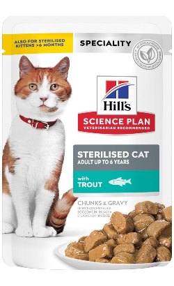Hills Science Plan Adult Sterilised Cat Adult with Trout | Wet (Saqueta) Cx c/ 12 Saquetas 85g