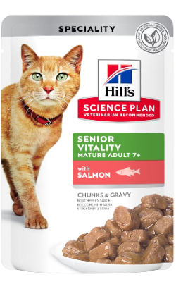 Hills Science Plan Cat Mature Adult 7+ Senior Vitality with Salmon | Wet (Saqueta)	 Cx c/ 12 saquetas 85 g